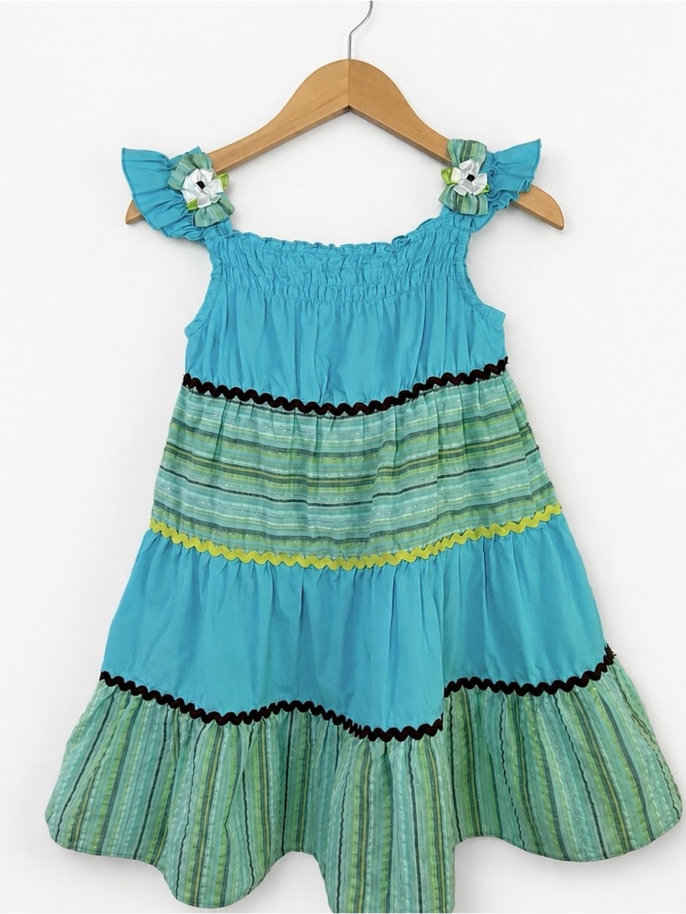 Youngland Girls 4T Boutique Tiered Sundress Blue Green Ruffle Summer Dress